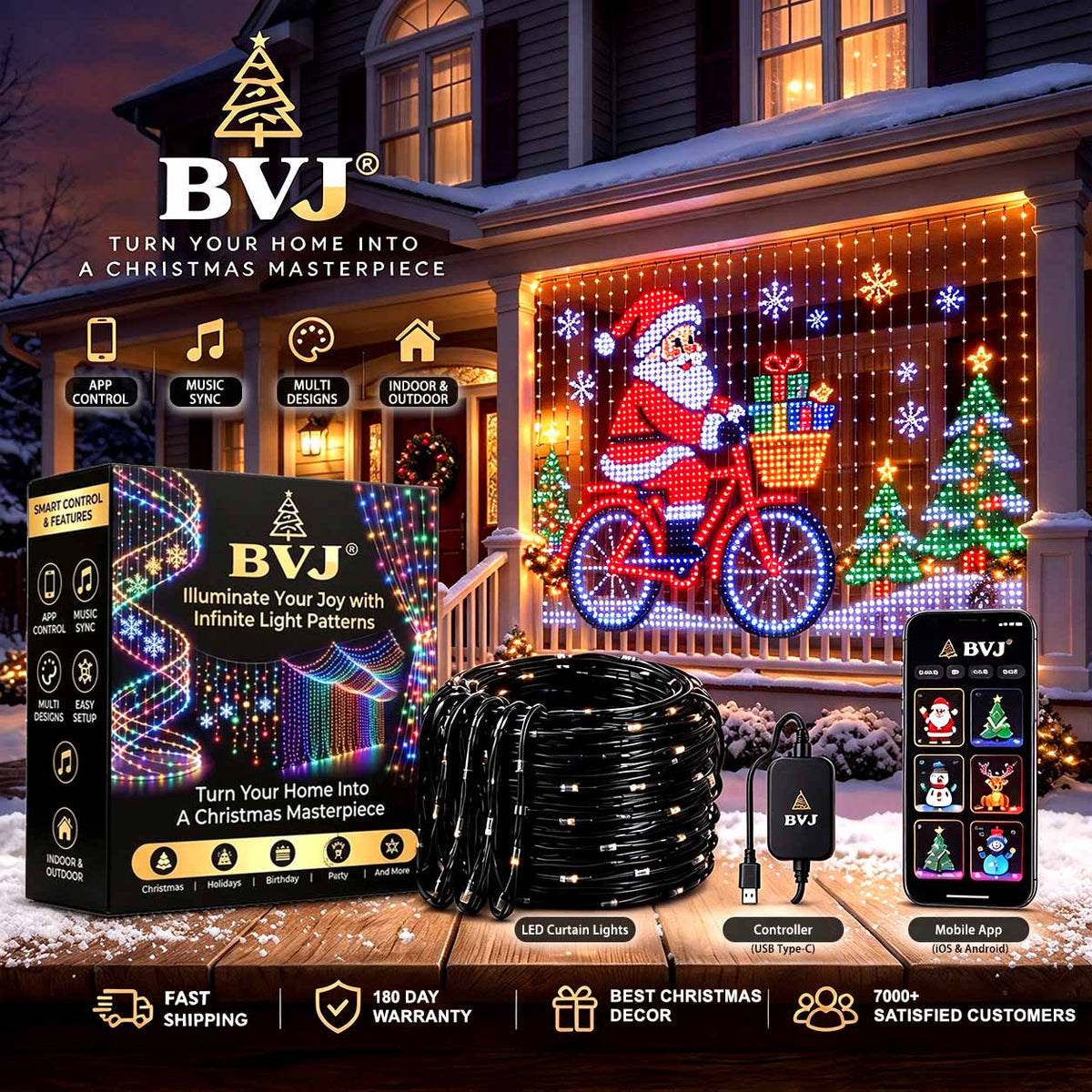 BVJ® Smart Animated Christmas Lights – App-Controlled Holiday Light Display