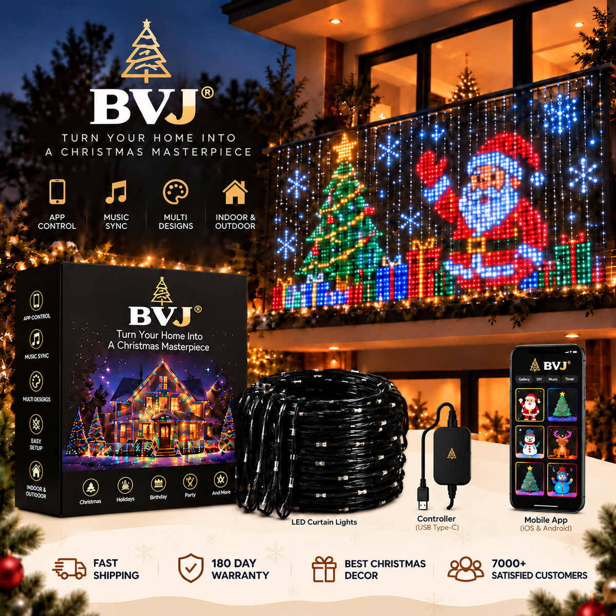🎄🎁BVJ® Smart Animated Christmas Lights – App-Controlled Holiday Light Display