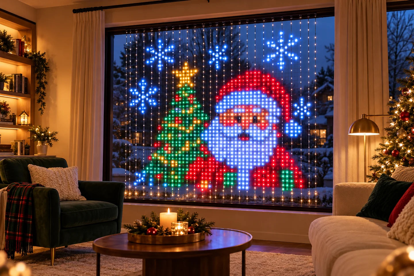 Illustrated Christmas room with a colorful LED curtain displaying Santa, a tree and snowflakes
